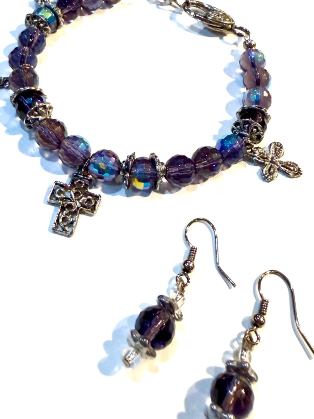 Custom Deep Amethyst Color Crystal & Cross Bracelet & Earring Set Sz S/M NWT